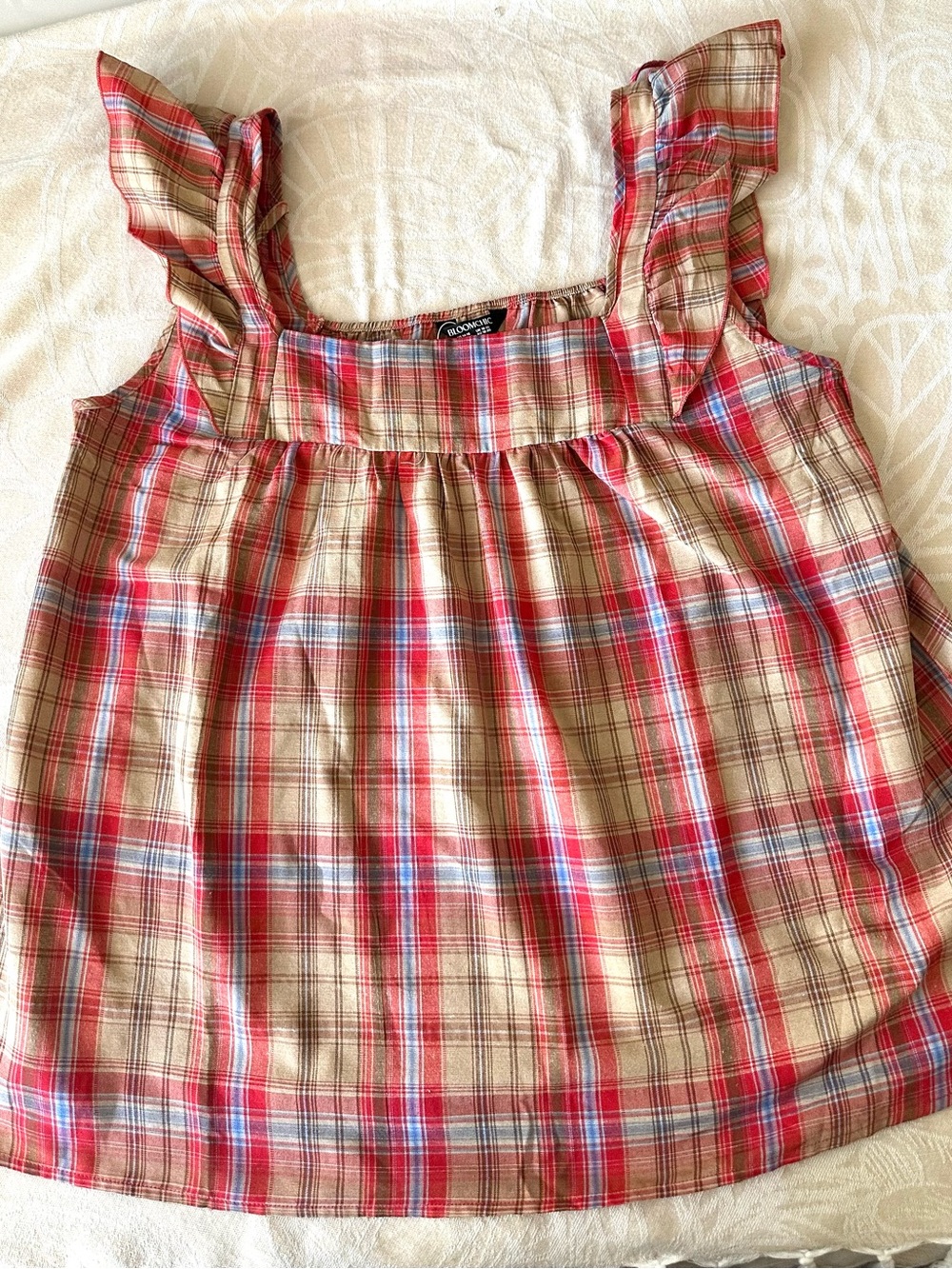 NWT BloomChic Plaid Babydoll Blouse Square Neck Ruffle Sleeve 1X 14/16 - Picture 2 of 7